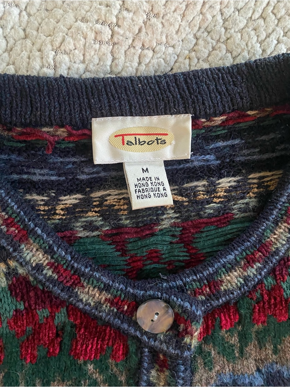 Vintage Talbots Multicolor Patterned Button Cardigan - Navy, Green, Red - Picture 4 of 7